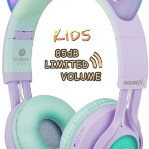 Riwbox Kids Headphones, CT-7S Cat Ear Bluetooth Headphones Volume Limiting 85dB,LED Light Up Kids Wireless Headphones Over Ear with Microphone for iPhone/iPad/Laptop/PC/TV (Purple&Green)