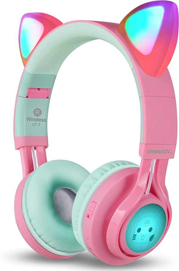 Riwbox Bluetooth Headphones, CT-7 Cat Ear LED Light Up Wireless Foldable Headphones Over Ear with Microphone and Volume Control for iPhone/iPad/Smartphones/Laptop/PC/TV (Pink&Green)