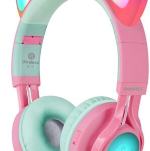 Riwbox Bluetooth Headphones, CT-7 Cat Ear LED Light Up Wireless Foldable Headphones Over Ear with Microphone and Volume Control for iPhone/iPad/Smartphones/Laptop/PC/TV (Pink&Green)